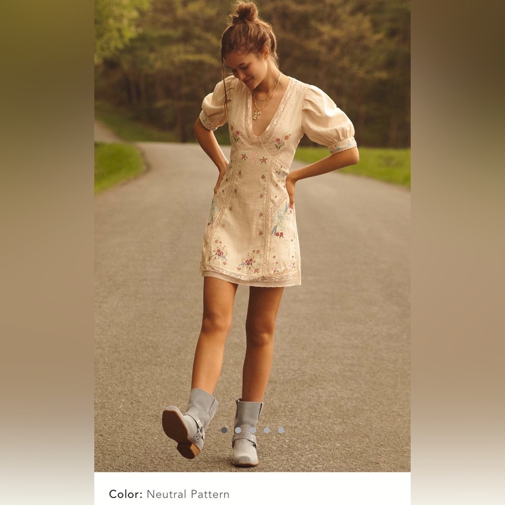 Anthropologie NWT Linen Blend Puff Sleeve V Neck Mini Dress